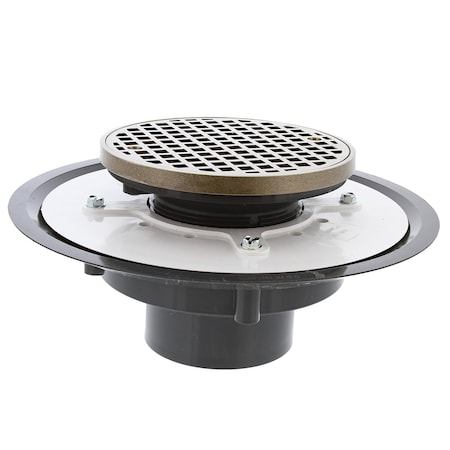 Jones Stephens 3in. Heavy Duty PVC Drain Base with 3-1/2in. Plastic Spud and 6in. Nickel Bronze Strainer with Ring D50054
